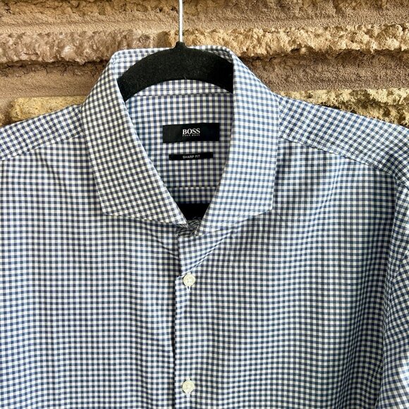 Hugo Boss Sharp Fit Blue and Gray Windowpane Plaid Long Sleeve Shirt Size 16.5 - Picture 9 of 9